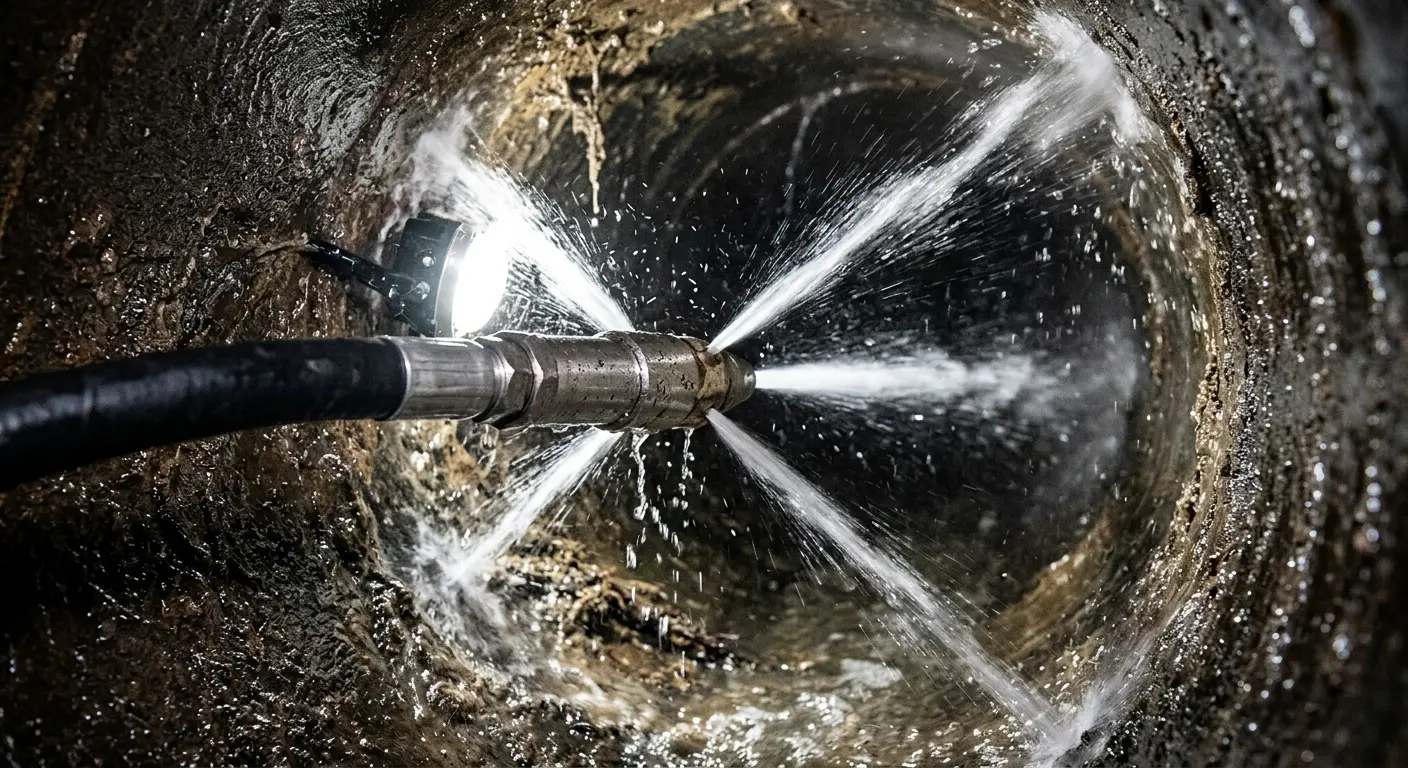 High-pressure hydro jetting nozzle cleaning sewer pipe for Trenchless Sewer Repair in New Brighton