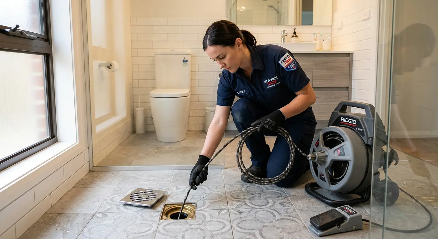 Technician clearing a bathroom floor drain for Clogged Drain Repair in New Brighton